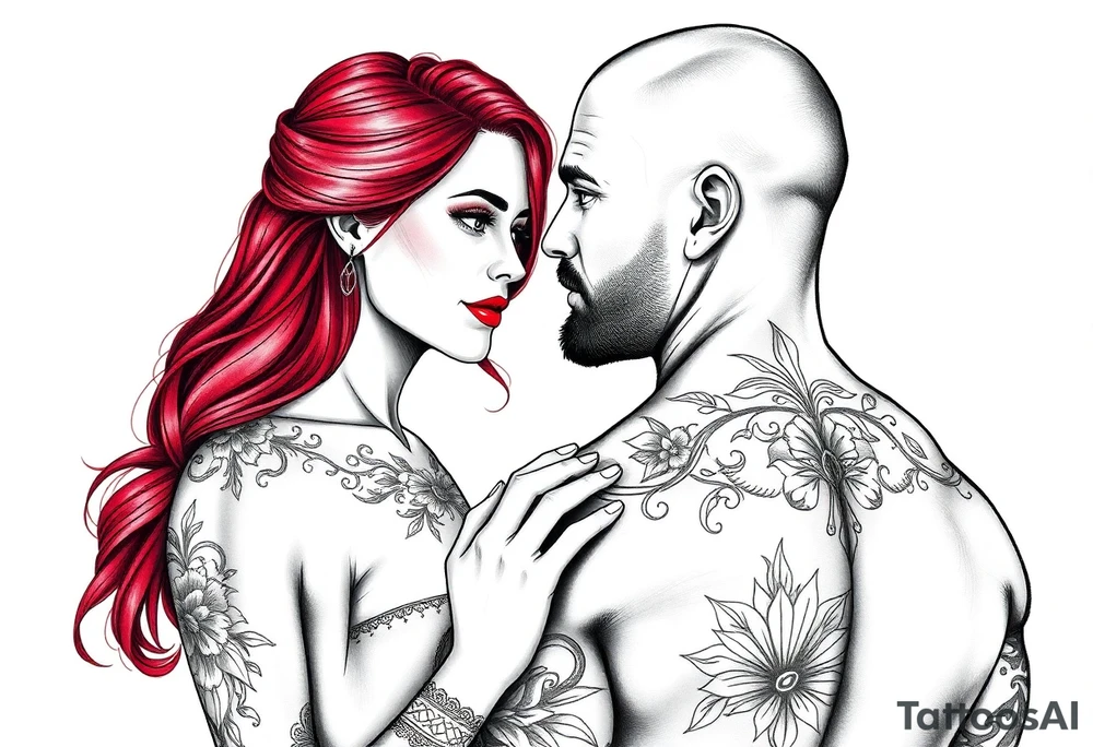 Woman with long red hair and red lipstick with lots of tattoos with  a bald muscular white man with tattoos getting married tattoo idea
