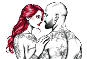 Woman with long red hair and red lipstick with lots of tattoos with  a bald muscular white man with tattoos getting married tattoo idea