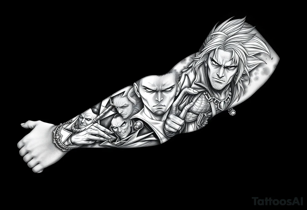 Full anime sleeve tattoo in black and grey realism, featuring intense anime characters with sharp shading, dramatic lighting, and high contrast. Multiple characters integrated seamlessly along the arm, with overlapping panels, bold linework, and detailed facial expressions. Dark shadows and smoky effects in the background for depth. Masculine and dynamic style, designed as a complete arm sleeve tattoo idea
