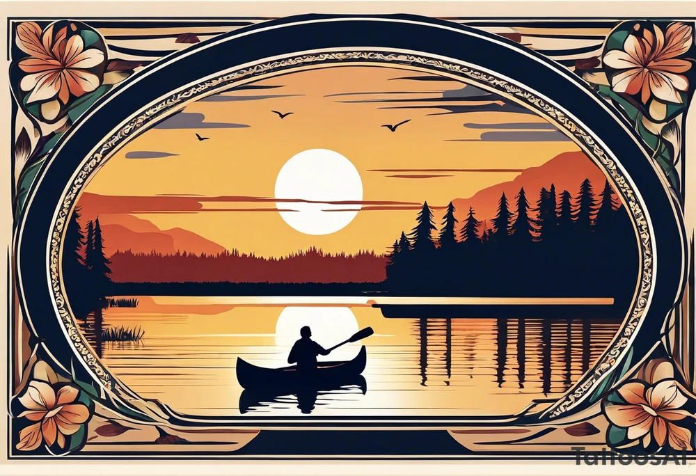 The tattoo design depicts a serene nature scene, framed within a semi-circular border. In the foreground, there are two people sitting in a canoe on a calm lake. They are paddling towards the horizon, with one person sitting at the back of the canoe and the other at the front. The back view of the people suggests a peaceful and contemplative moment shared between them.

In the background, there are majestic mountains with peaks covered in snow, creating a dramatic and picturesque landscape. The mountains are flanked by tall pine trees on either side, adding to the wilderness feel of the scene. Above the mountains, a large sun is either rising or setting, casting a tranquil glow over the entire scene. Birds are flying in the sky, adding to the sense of freedom and natural beauty.

The entire scene is rendered in a minimalist, black and white, line-drawing style, giving it a clean and elegant appearance. The semi-circular frame around the design focuses attention on the central elements and adds a sense of completeness to the image. black and white tattoo idea