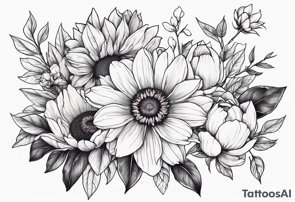Upper arm half sleeve fall color peonie, sunflowers, magnolias, wild flowers tattoo idea