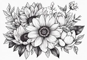 Upper arm half sleeve fall color peonie, sunflowers, magnolias, wild flowers tattoo idea