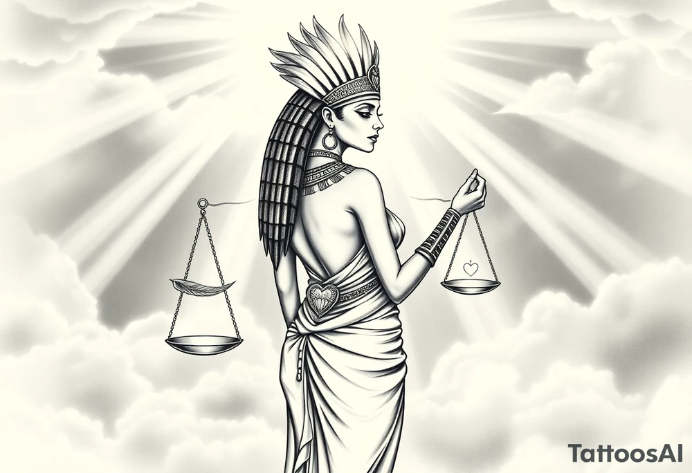 beautiful Egyptian goddess stands with her back slightly turned, accentuating her figure. Wearing a silk gown. She wears an elaborate ostrich feather headdress and ornate, intricate ancient Egyptian jewelry draped across her body. Her expression is mysterious and confident. In one hand, she holds the Scales of Justice: one side holds a radiant, glowing heart; the other, Ma’at’s feather. The scales themselves shimmer with an otherworldly light.
The background is a surreal, heavenly landscape filled with luminous clouds and beams of divine light piercing through, creating dramatic contrasts of deep shadows and highlights. The entire scene is bathed in an ethereal, mystical glow, with a dreamlike, almost supernatural atmosphere. tattoo idea