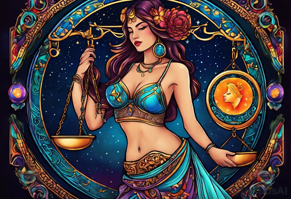 Libra woman holding scales with a night zodiac background including a half moon that encircles half of the woman with vibrant colors tattoo idea