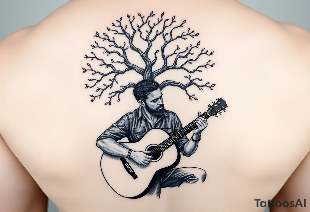 Man playing acoustic guitar underneath tree of life tattoo idea