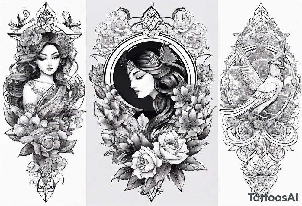 Sleeve with Libra and Phoenix with flowers tattoo idea