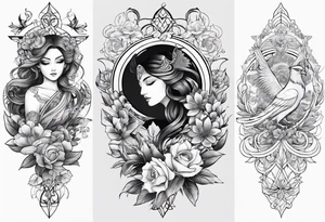 Sleeve with Libra and Phoenix with flowers tattoo idea