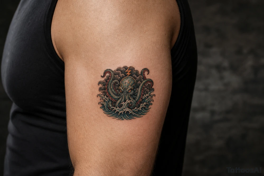 A powerful kraken-like water demon, tentacles emerging from stormy waves. tattoo idea