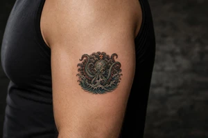 A powerful kraken-like water demon, tentacles emerging from stormy waves. tattoo idea