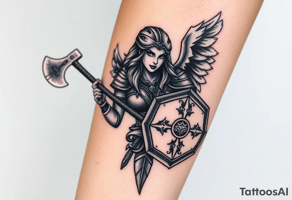 A fierce looking Valkyrie with huge dark wings. She's wielding a menacing axe and a sturdy shield with a vegvisir symbol.

Her face is really attractive but screaming with battle rage.

She's heavily armored and ready for battle tattoo idea