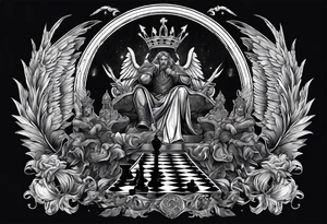 Illustrate a powerful scene where the angelic king checkmates the demonic king, symbolizing the triumph of good over evil in the strategic game of life. tattoo idea