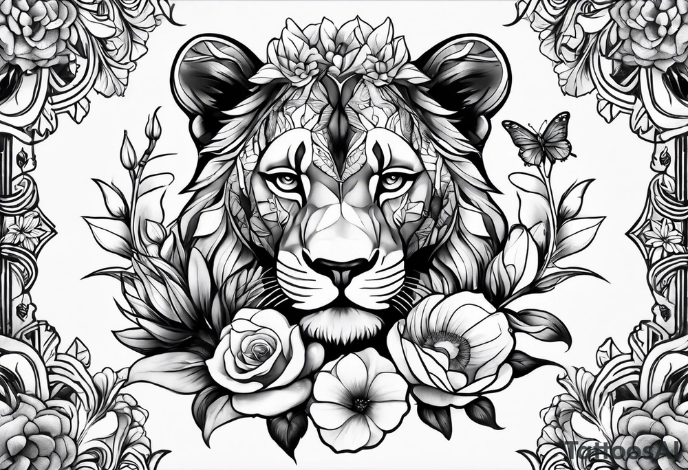 Birth flower tattoo with lioness and cubs tattoo idea