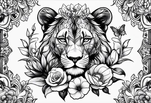 Birth flower tattoo with lioness and cubs tattoo idea