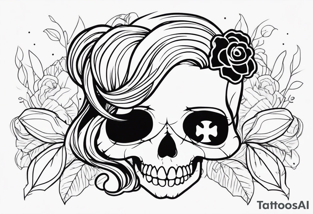 feminine skull  with hair in two blonde pigtails and crossbones underneath tattoo idea