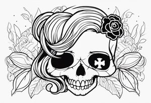 feminine skull  with hair in two blonde pigtails and crossbones underneath tattoo idea