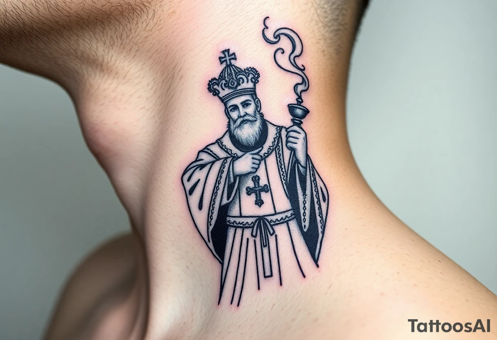 Russian Orthodox Priest in fully detailed vestment swinging a censer with smoke curling upward tattoo idea