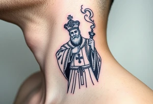Russian Orthodox Priest in fully detailed vestment swinging a censer with smoke curling upward tattoo idea