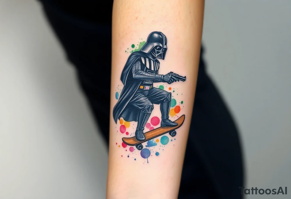 Darth Vader skateboarding with gun> bullets > memorial > god > colors > futuristic 
add name "Darth Carter" on skateboard
add date 12/29/88-01/06/24 tattoo idea