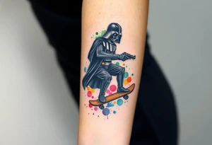 Darth Vader skateboarding with gun> bullets > memorial > god > colors > futuristic 
add name "Darth Carter" on skateboard
add date 12/29/88-01/06/24 tattoo idea