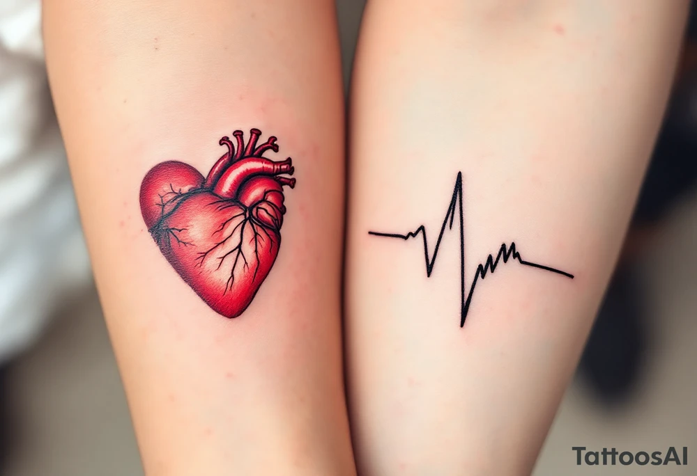 A red anatomical heart tattooed on one partner and a matching black heartbeat line forming a heart on the other. tattoo idea