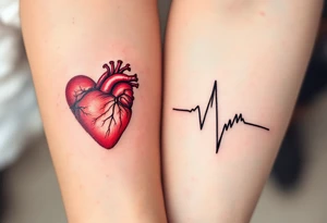 A red anatomical heart tattooed on one partner and a matching black heartbeat line forming a heart on the other. tattoo idea
