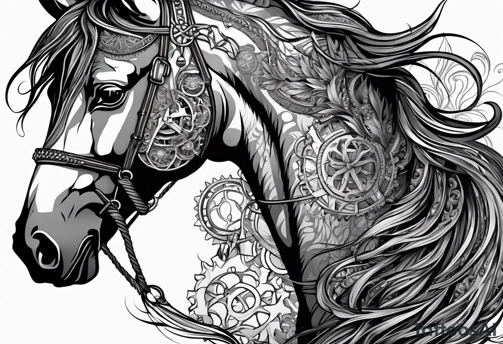 a horse head made out of gears and a flowing mane made out of rope tattoo idea