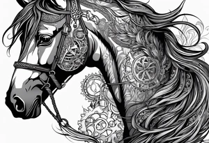 a horse head made out of gears and a flowing mane made out of rope tattoo idea