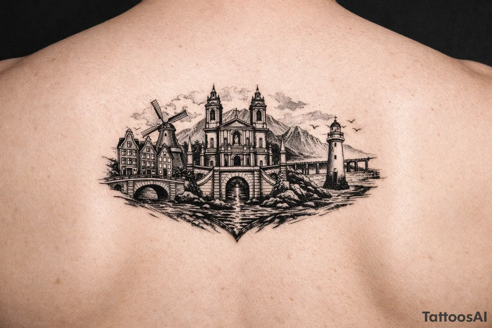 I wanted arm tattoo that reminds me of my three favourite places. I've lived the cities of Amsterdam and Braga and New Brighton in Wallasey tattoo idea