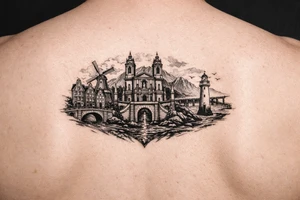 I wanted arm tattoo that reminds me of my three favourite places. I've lived the cities of Amsterdam and Braga and New Brighton in Wallasey tattoo idea