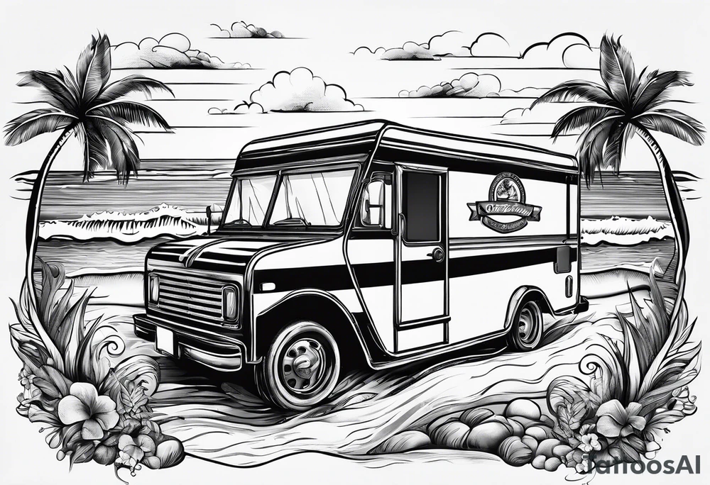 Coffee mug with beach scene on it for coffee truck logo tattoo idea