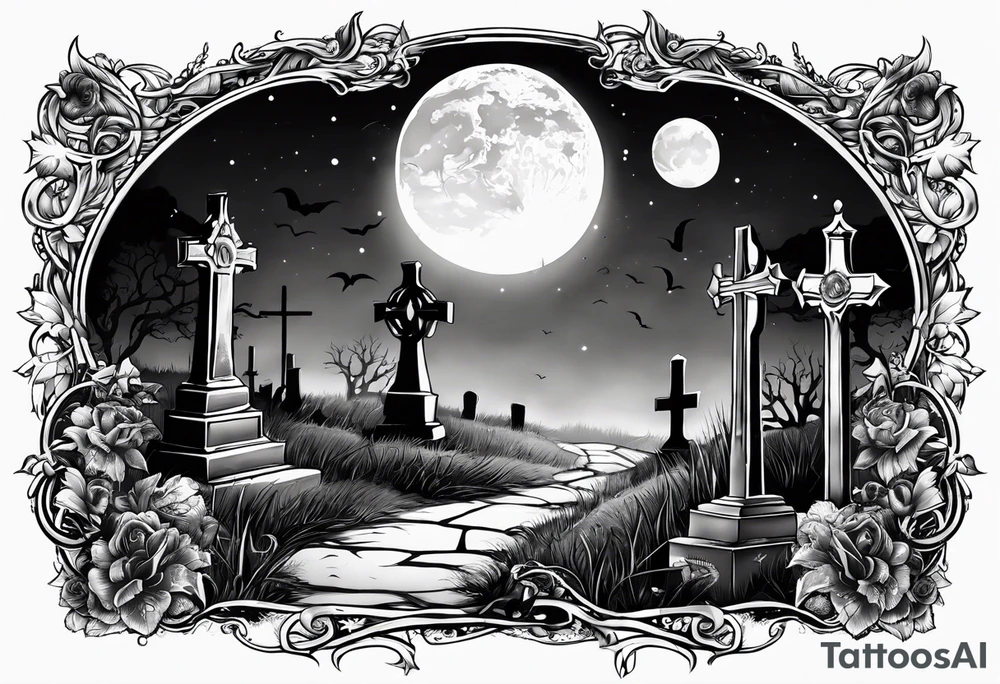 graveyard with moon with the words death where is your sting tattoo idea