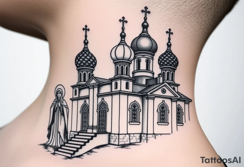 medium sized Russian orthodox church with bulb domes with a prominent russian orthodox style virgin mary stood outside to the left tattoo idea