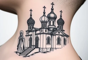 medium sized Russian orthodox church with bulb domes with a prominent russian orthodox style virgin mary stood outside to the left tattoo idea