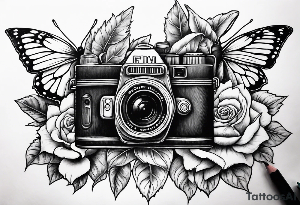 Book, sunflower, camera, butterfly, flower rose tattoo idea Book, sunflower, camera, butterfly, flower rose tattoo idea