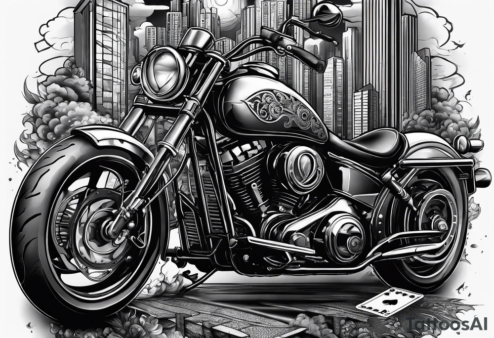 playing cards over a city with a motorcycle on the road tattoo idea