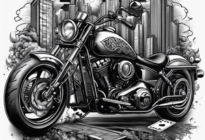 playing cards over a city with a motorcycle on the road tattoo idea