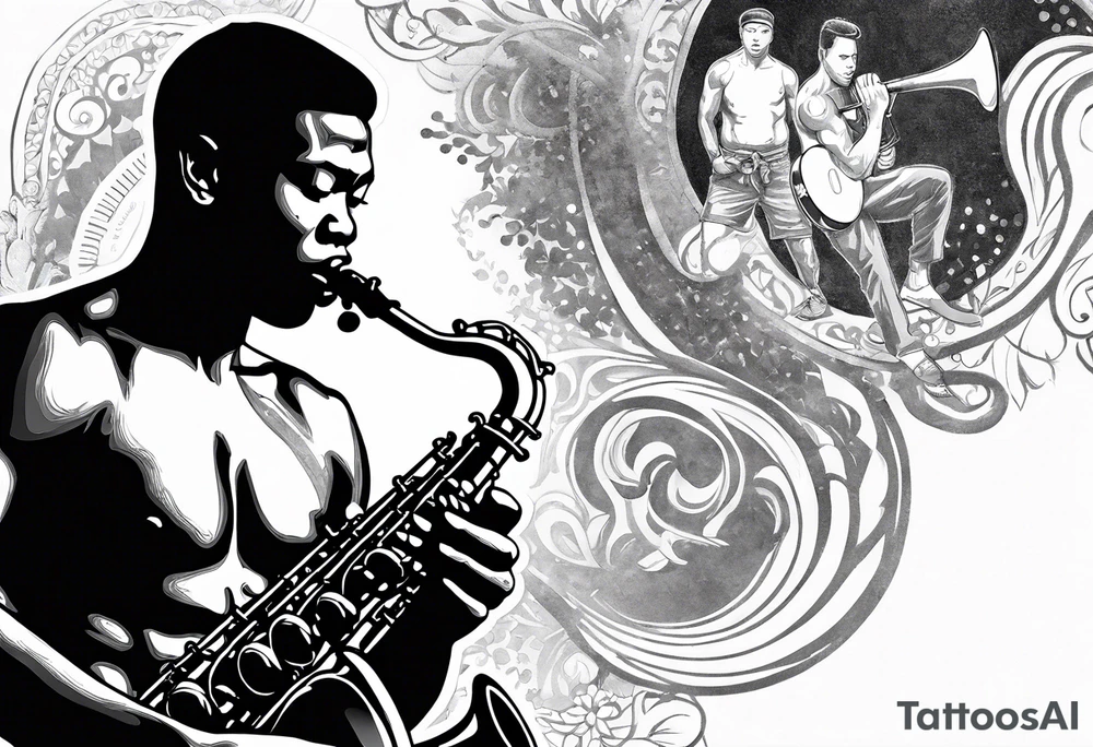 Muay Thai boxer with strong body is playing jazz on a Selmer tenor saxophone in an American jazz club front of a new orleans jazz trio band. The notes are coming out from the saxophone and turning into buddhist symbols. tattoo idea