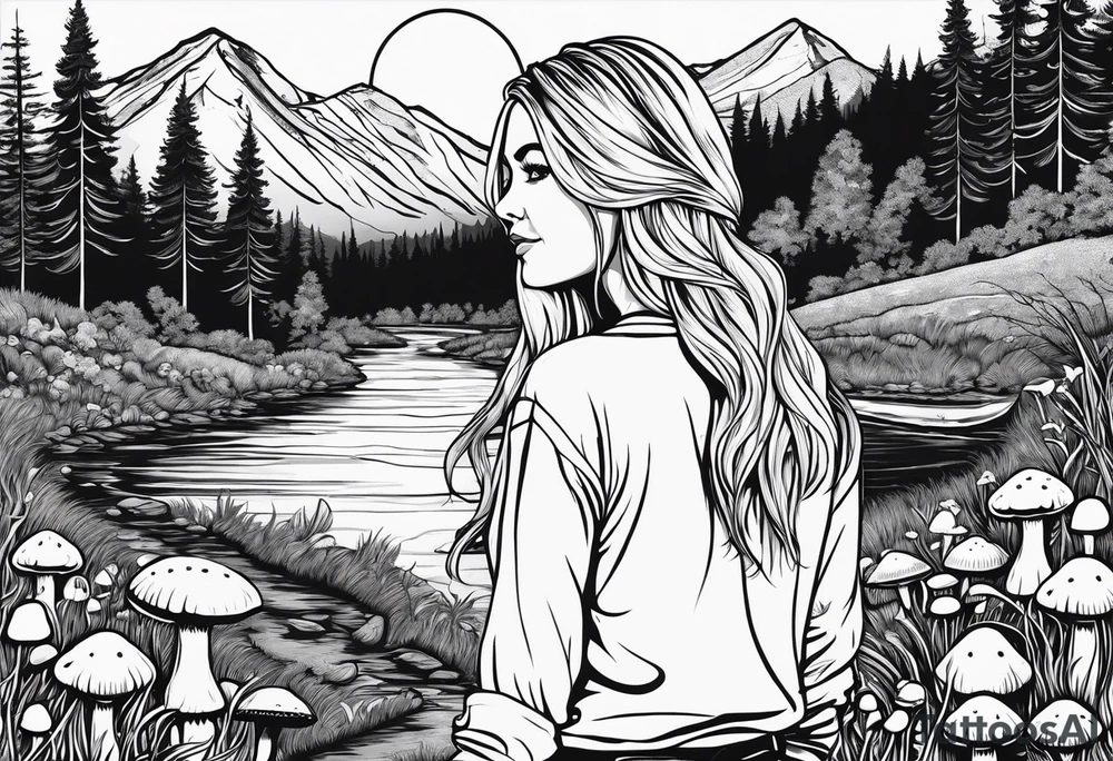 Whole picture encircled fully

Straight long blonde hair hippie girl in distance holding mushrooms in hand facing away toward mountains and creek surrounded by mushrooms long sleeve shirt and hiking pants; whole rendering within a full circle, no cut off circle tattoo idea
