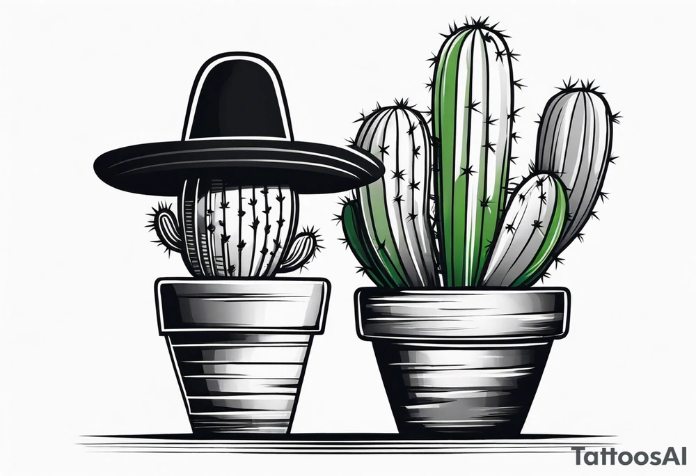 Cactus in a pot wearing a sombrero black and grey tattoo idea