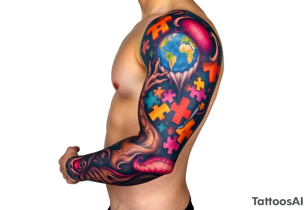 full left arm sleeve dedicated to my son with autism full color giving him the world autism awareness tattoo idea