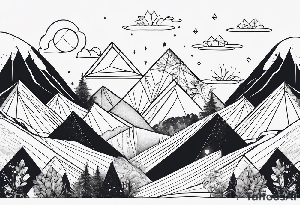 thick line art of space and nature in diamond shape and negative space tattoo idea