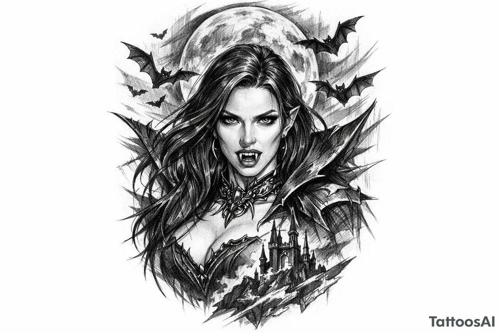 female vampire,bats,moon. tattoo idea