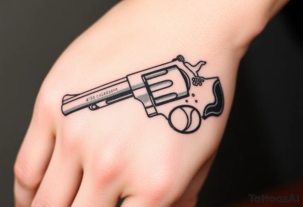 Actual size Revolver .45 caliber elegant but simple art work on gun. With fingers being the barrel and, butt of gun towards wrist. tattoo idea