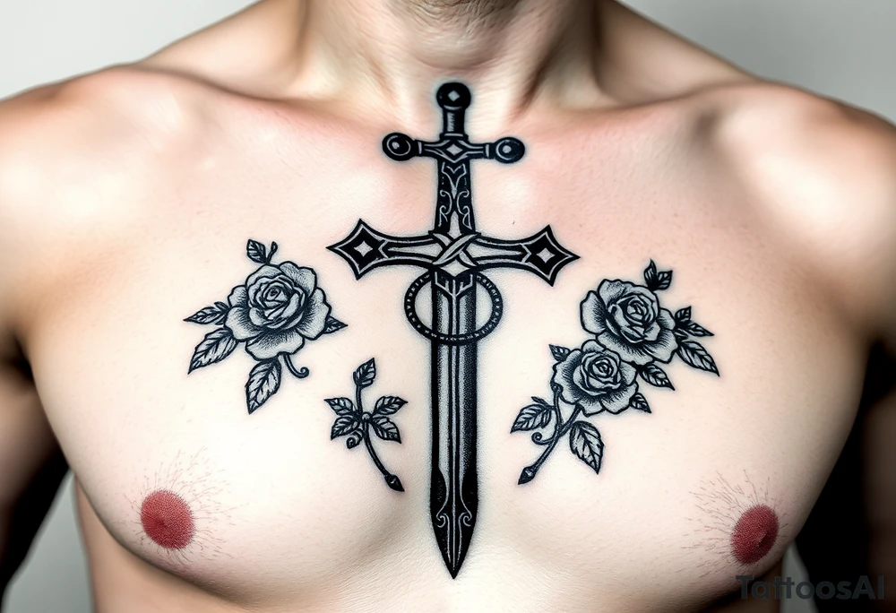 A gothic cross with a sword tip on the bottom going through an infinity sign and has roses and vines growing around tattoo idea