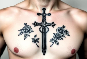 A gothic cross with a sword tip on the bottom going through an infinity sign and has roses and vines growing around tattoo idea