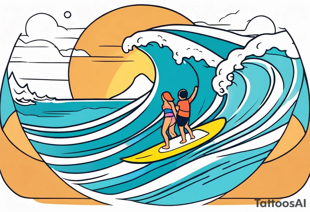 Single line wave tattoo with a dad and his two toddler daughters surfing on one surfboard tattoo idea