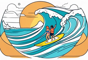 Single line wave tattoo with a dad and his two toddler daughters surfing on one surfboard tattoo idea
