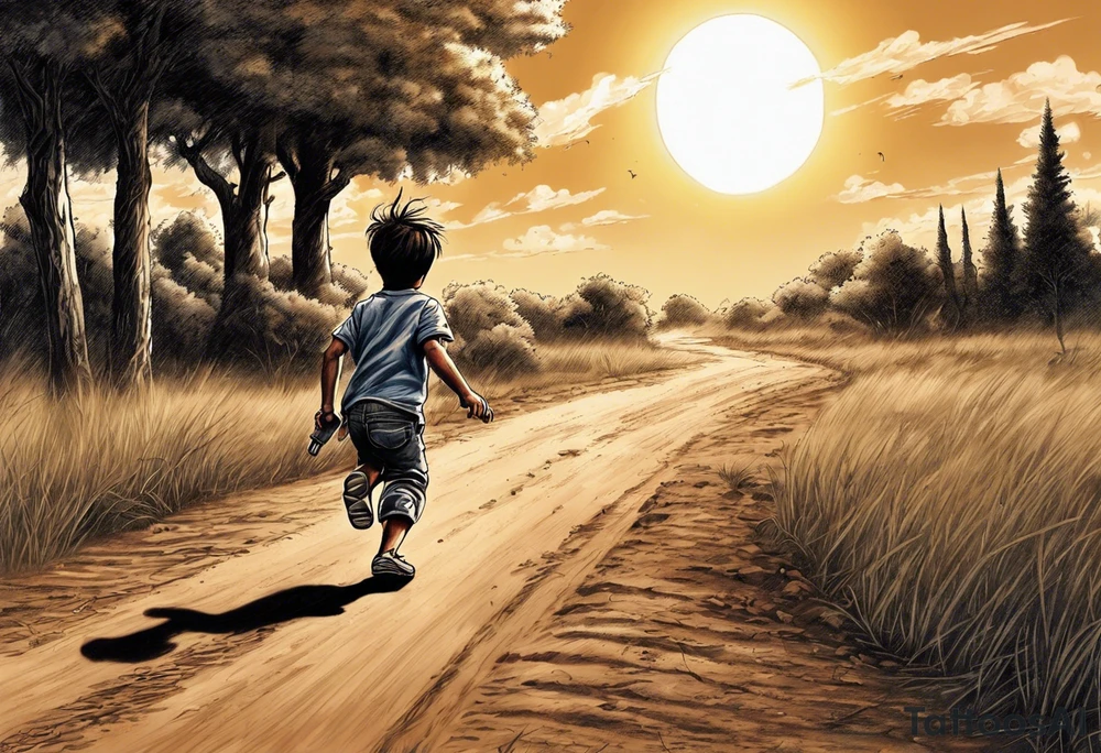 a male child running on a dirt road,
the child is running away towards a sun that is being hugged by a hammer,
on the left side of the dirt road pointing at the child ak47 and rpg
on the right side there are trees,
under the sun clouds form the date 07.10.2023 tattoo idea