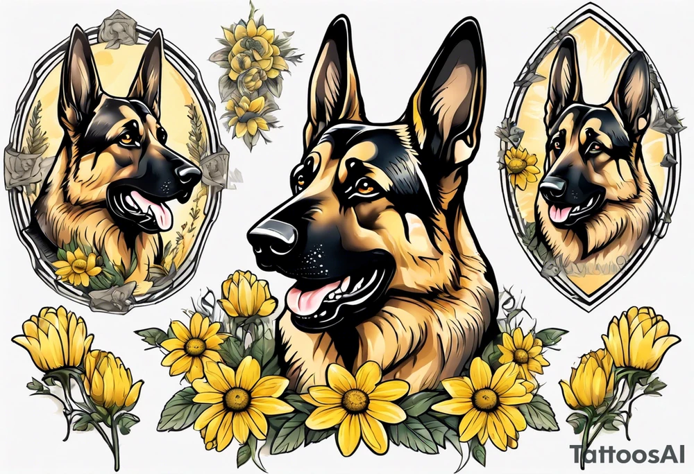 German shepherd portrait surrounded by yellow daisies tattoo idea