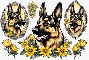 German shepherd portrait surrounded by yellow daisies tattoo idea